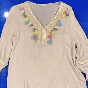 Soft Surroundings Boho Embroidered Tassel Top  Festival Cottagecore Blouse S
